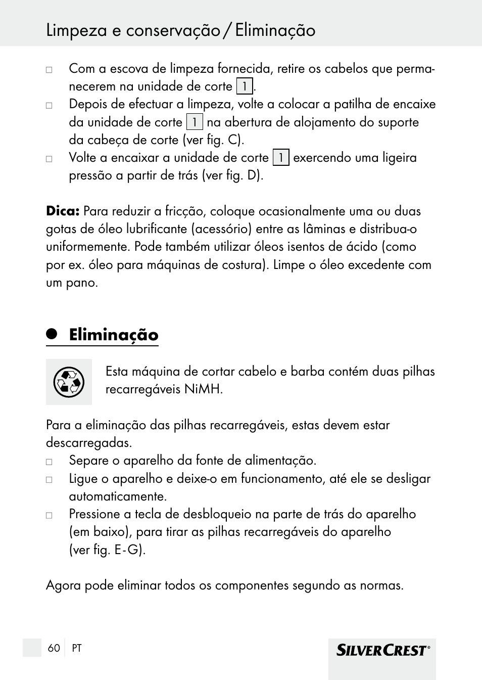 Eliminação | Silvercrest SHBS 1000 A1 User Manual | Page 60 / 105