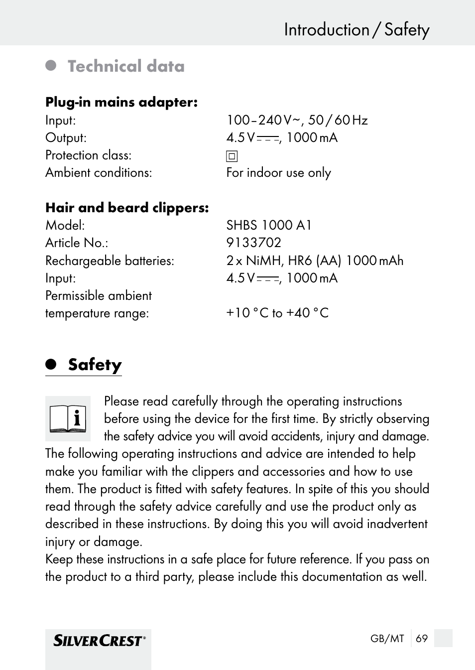 Introduction / safety introduction, Technical data, Safety | Silvercrest SHBS 1000 A1 User Manual | Page 69 / 105