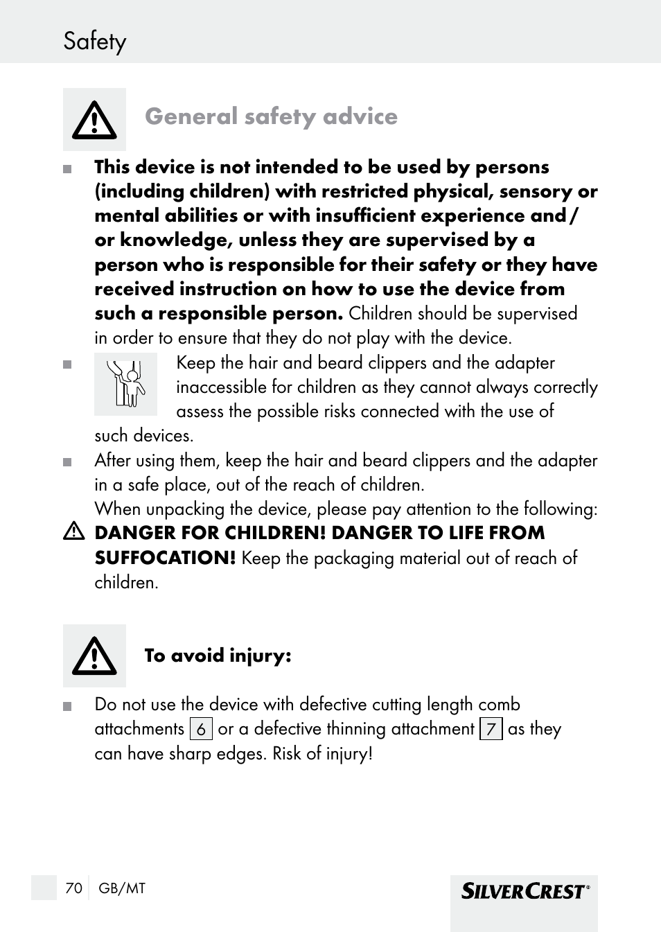 Safety, General safety advice | Silvercrest SHBS 1000 A1 User Manual | Page 70 / 105