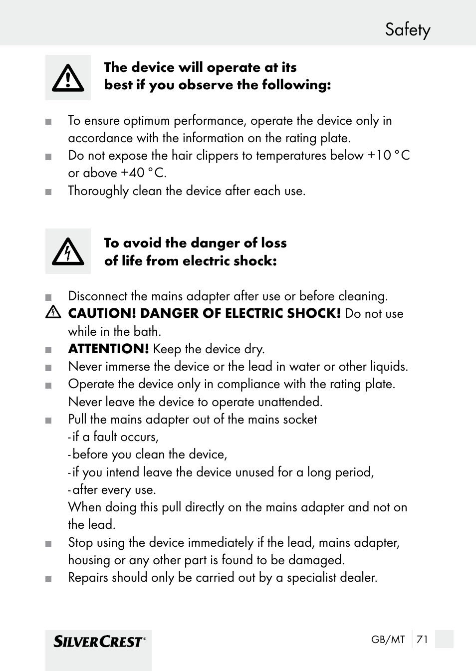Safety | Silvercrest SHBS 1000 A1 User Manual | Page 71 / 105