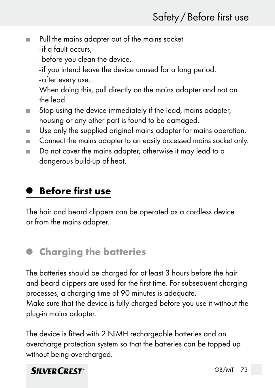 Safety / before first use safety, Before first use, Charging the batteries | Silvercrest SHBS 1000 A1 User Manual | Page 73 / 105