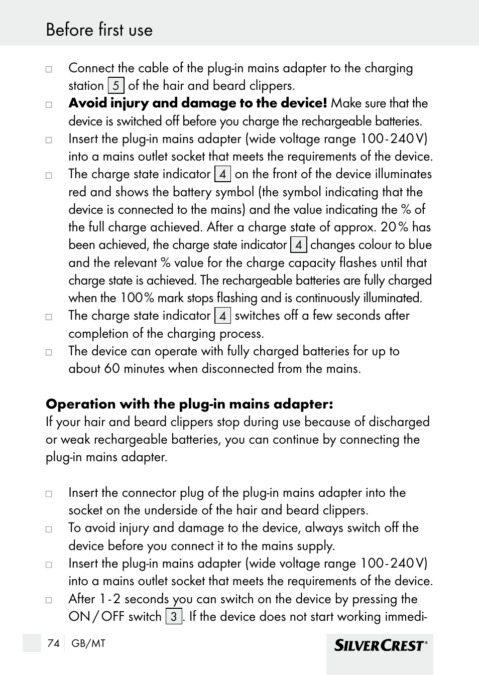 Before first use / use before first use | Silvercrest SHBS 1000 A1 User Manual | Page 74 / 105