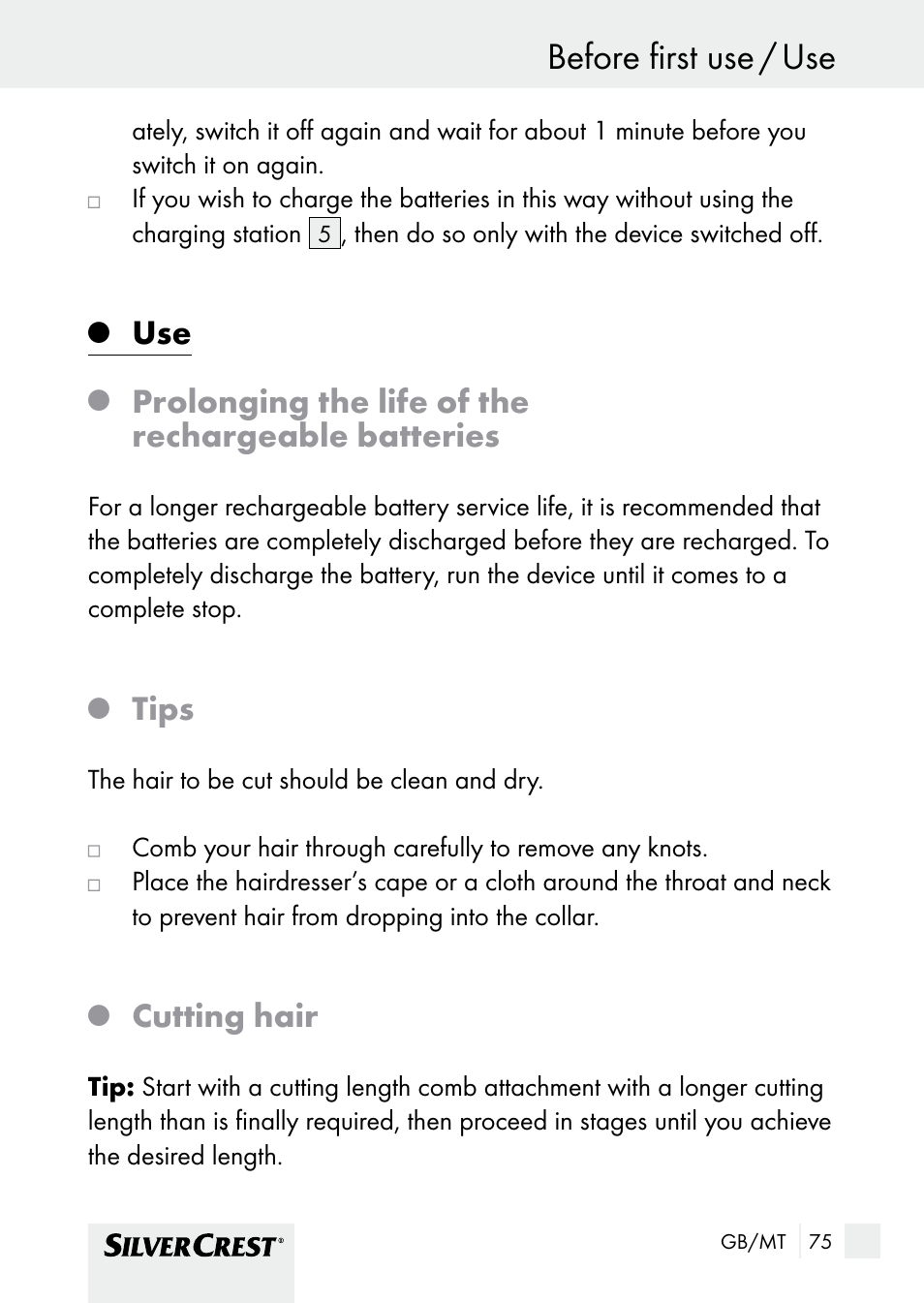 Before first use / use before first use, Prolonging the life of the rechargeable batteries, Tips | Cutting hair | Silvercrest SHBS 1000 A1 User Manual | Page 75 / 105