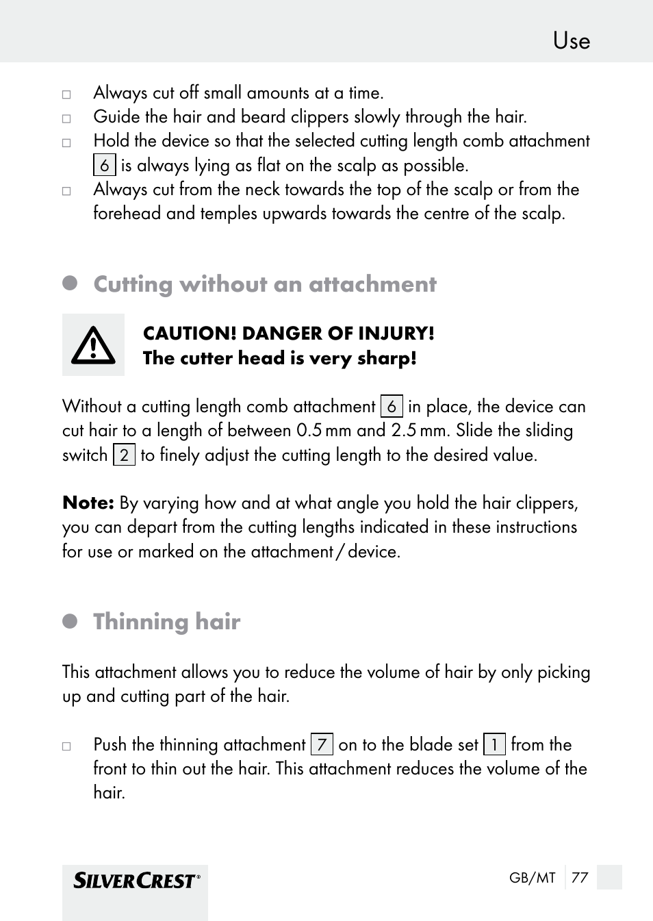 Cutting without an attachment, Thinning hair | Silvercrest SHBS 1000 A1 User Manual | Page 77 / 105