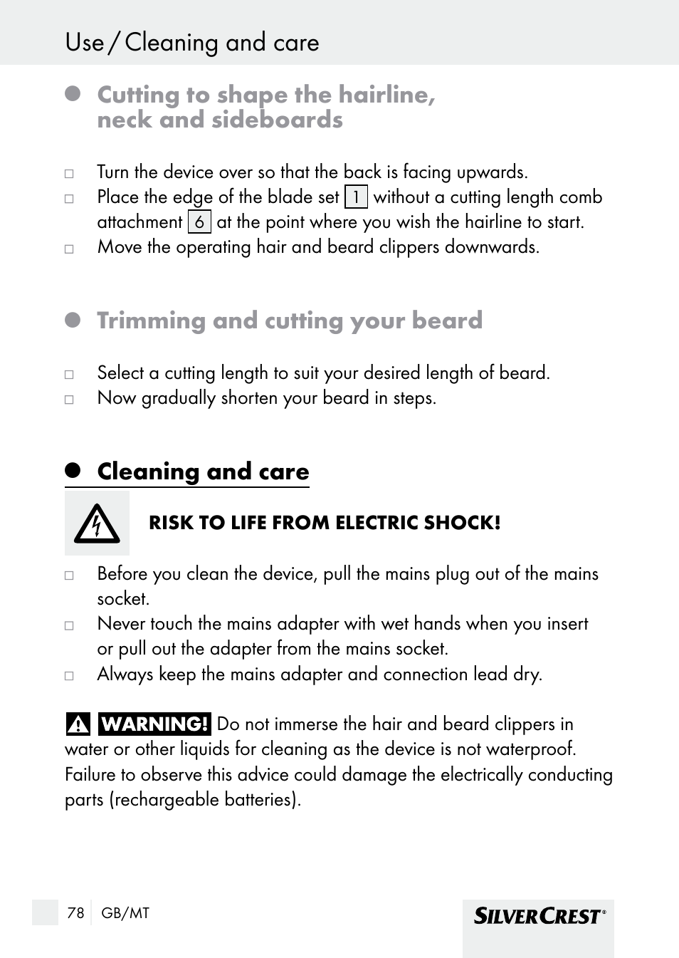Cleaning and care use / cleaning and care, Cutting to shape the hairline, neck and sideboards, Trimming and cutting your beard | Cleaning and care | Silvercrest SHBS 1000 A1 User Manual | Page 78 / 105
