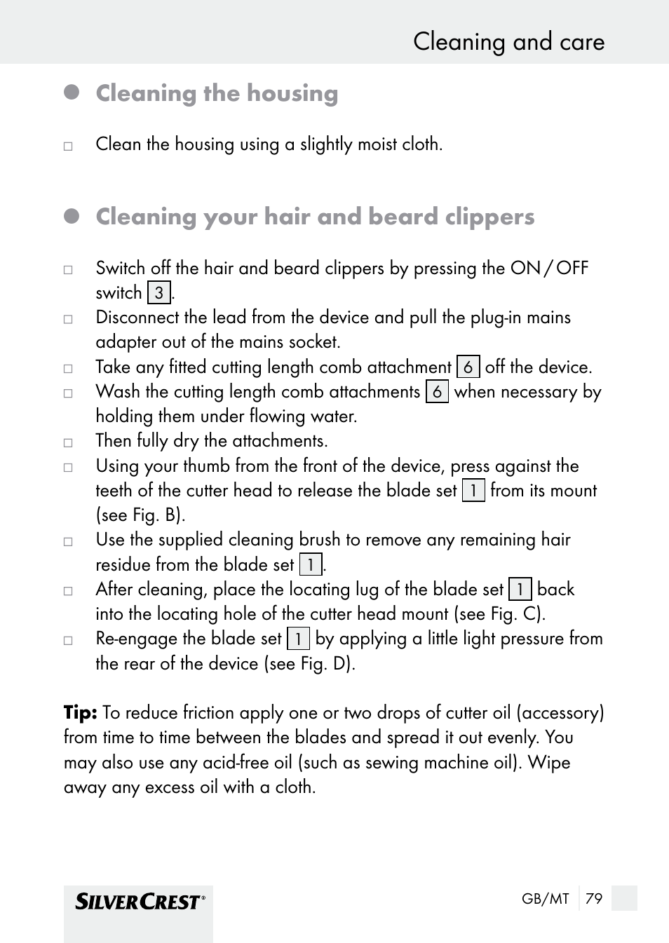 Cleaning and care use / cleaning and care, Cleaning the housing, Cleaning your hair and beard clippers | Silvercrest SHBS 1000 A1 User Manual | Page 79 / 105