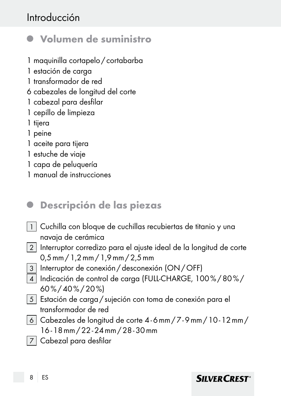 Introducción / seguridad introducción, Volumen de suministro, Descripción de las piezas | Silvercrest SHBS 1000 A1 User Manual | Page 8 / 105