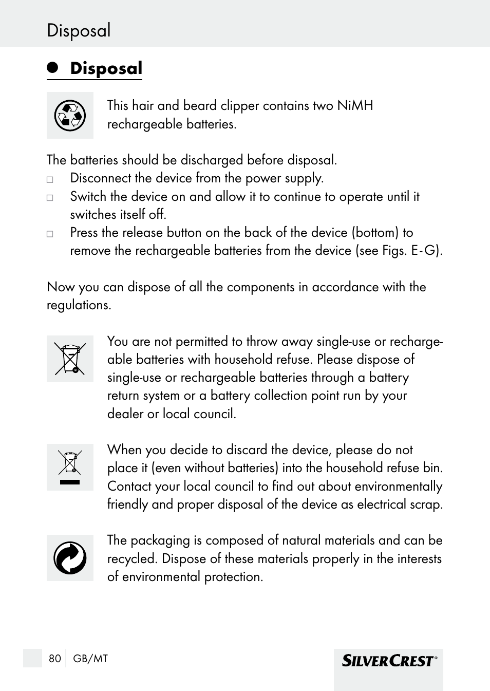 Warranty and service disposal, Disposal | Silvercrest SHBS 1000 A1 User Manual | Page 80 / 105