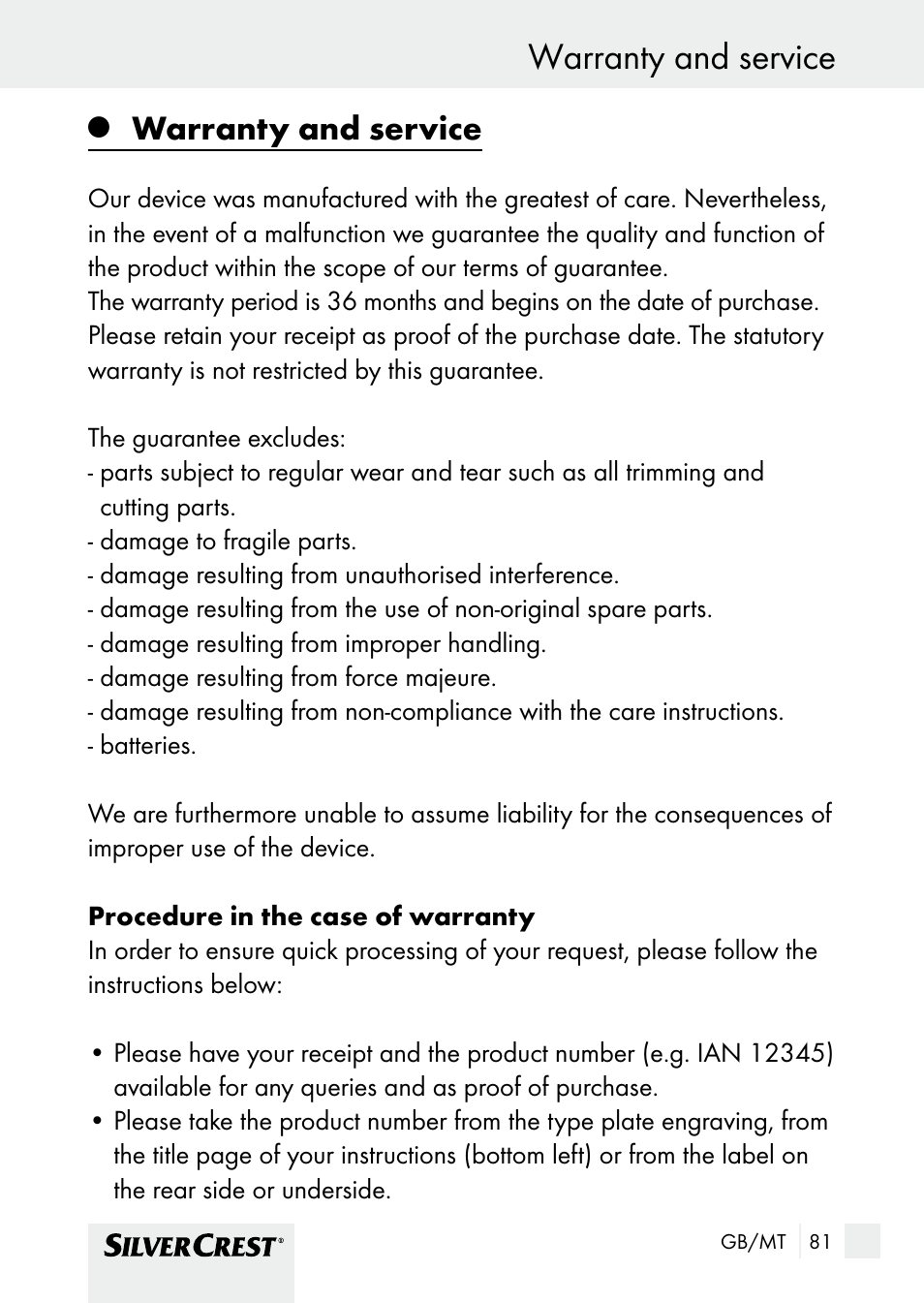 Warranty and service disposal, Warranty and service | Silvercrest SHBS 1000 A1 User Manual | Page 81 / 105