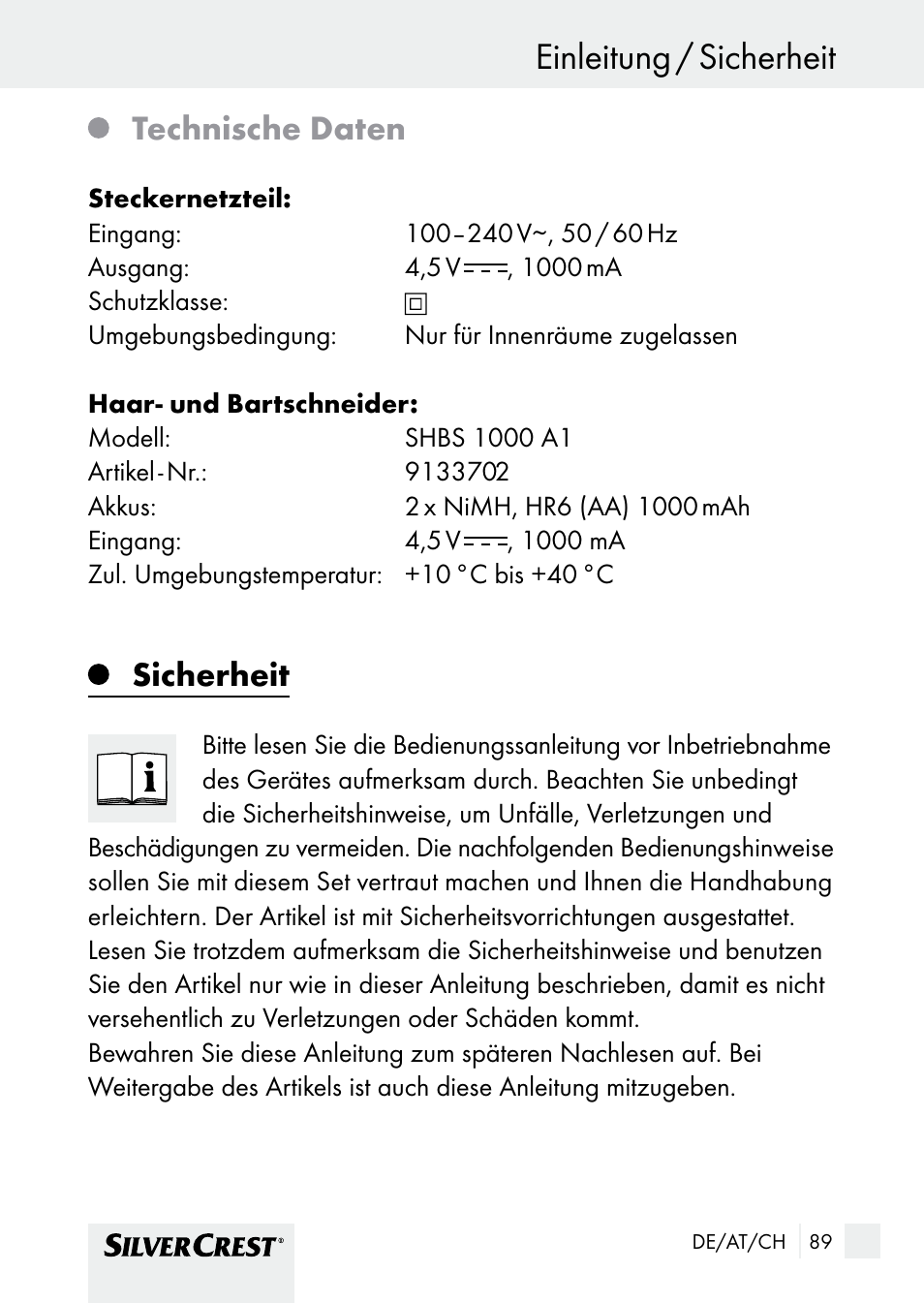 Einleitung / sicherheit einleitung, Technische daten, Sicherheit | Silvercrest SHBS 1000 A1 User Manual | Page 89 / 105