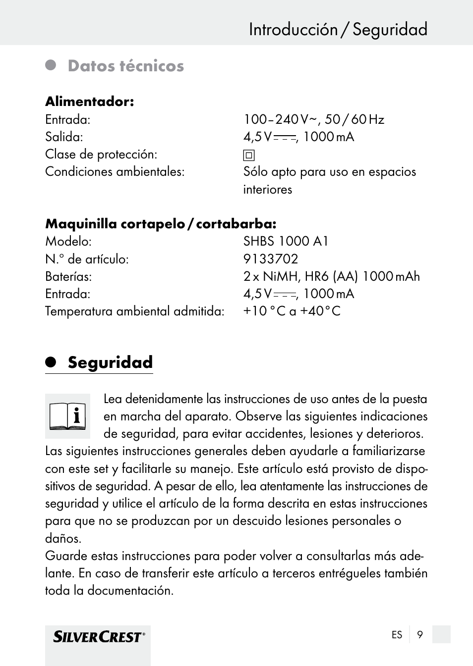 Introducción / seguridad introducción, Datos técnicos, Seguridad | Silvercrest SHBS 1000 A1 User Manual | Page 9 / 105