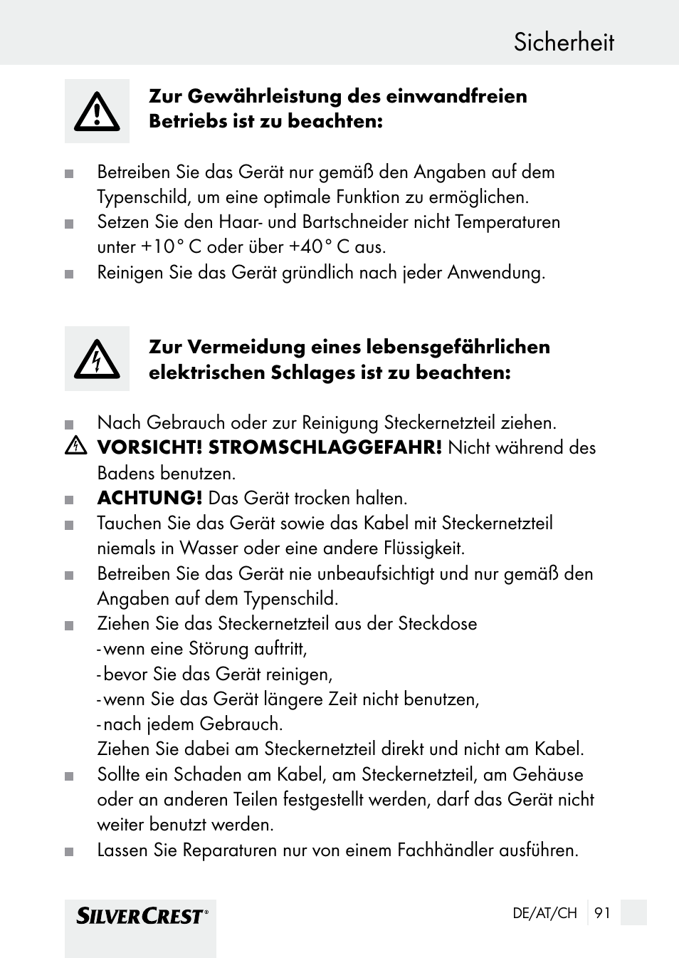 Sicherheit | Silvercrest SHBS 1000 A1 User Manual | Page 91 / 105