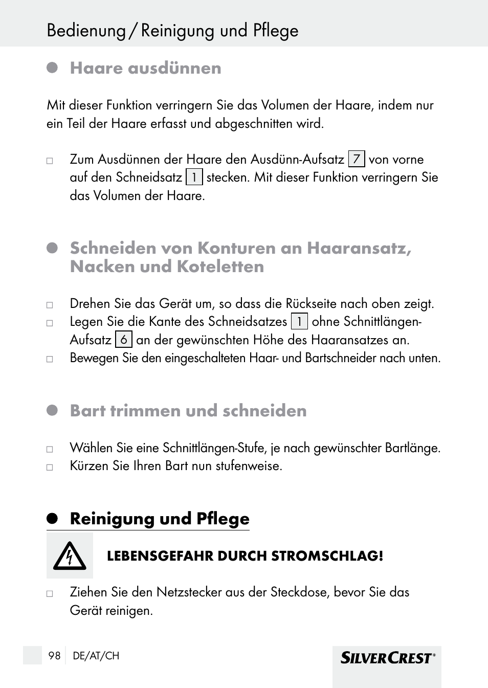 Haare ausdünnen, Bart trimmen und schneiden, Reinigung und pflege | Silvercrest SHBS 1000 A1 User Manual | Page 98 / 105