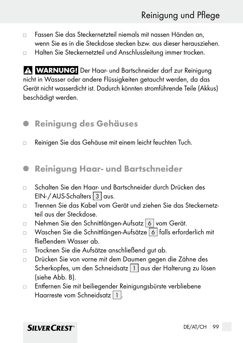 Reinigung des gehäuses, Reinigung haar- und bartschneider | Silvercrest SHBS 1000 A1 User Manual | Page 99 / 105