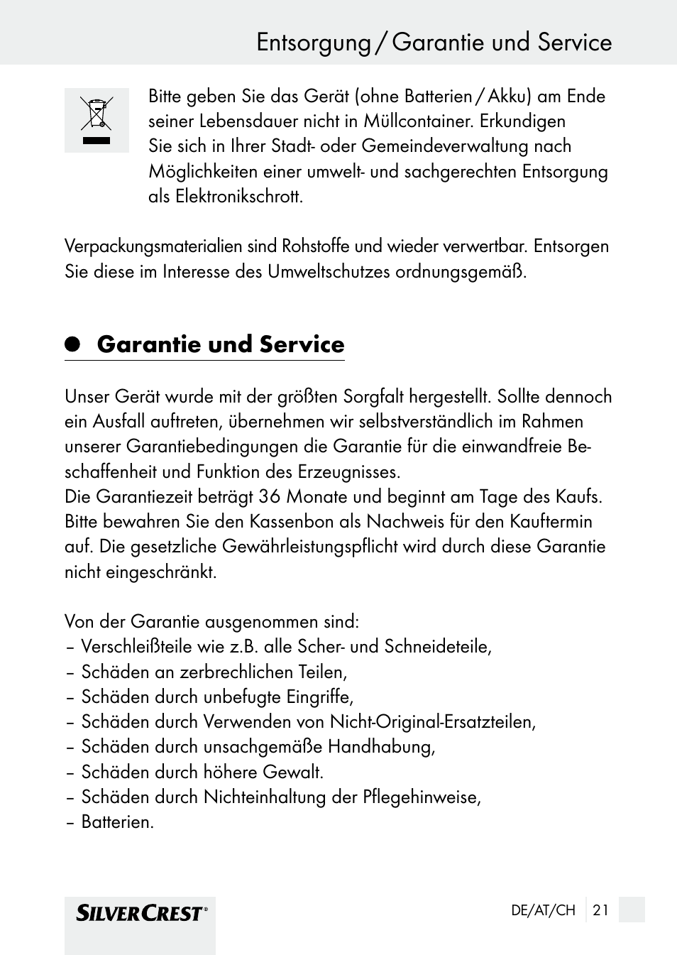 Entsorgung / garantie und service, Reinigung und pflege / entsorgung, Garantie und service | Silvercrest SHBS 1000 A1 User Manual | Page 21 / 105