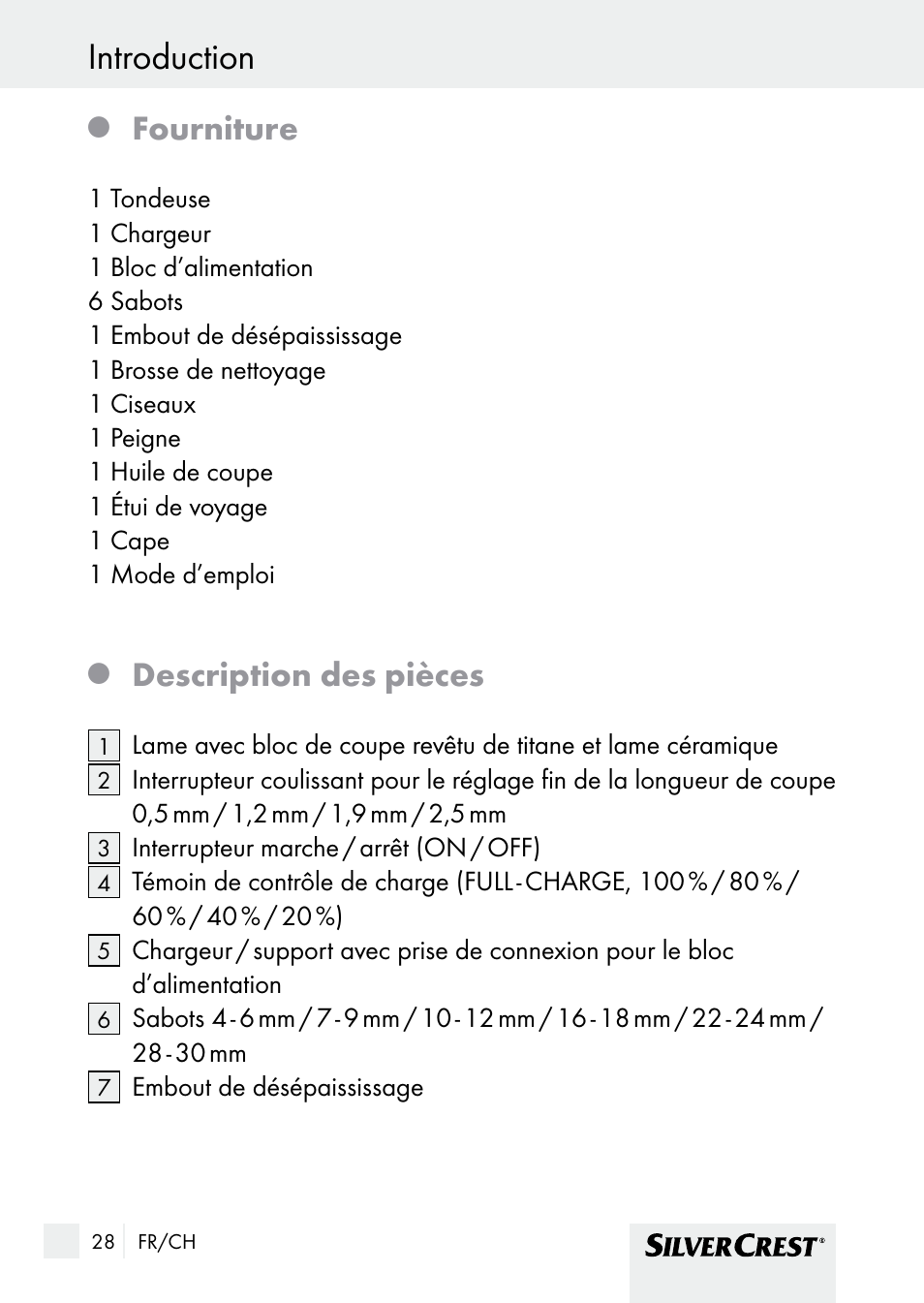 Introduction / sécurité introduction, Fourniture, Description des pièces | Silvercrest SHBS 1000 A1 User Manual | Page 28 / 105