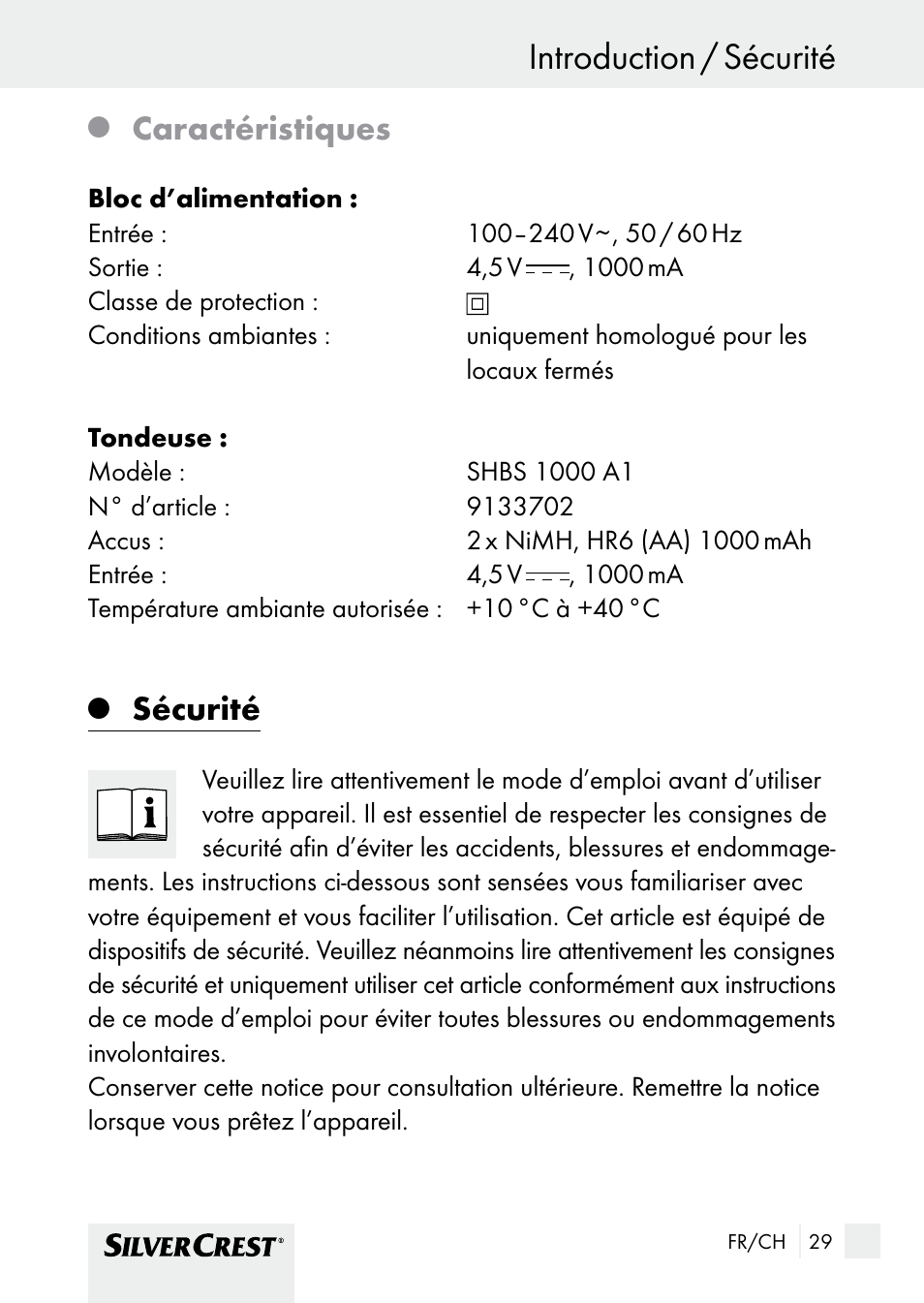 Introduction / sécurité, Introduction, Caractéristiques | Sécurité | Silvercrest SHBS 1000 A1 User Manual | Page 29 / 105
