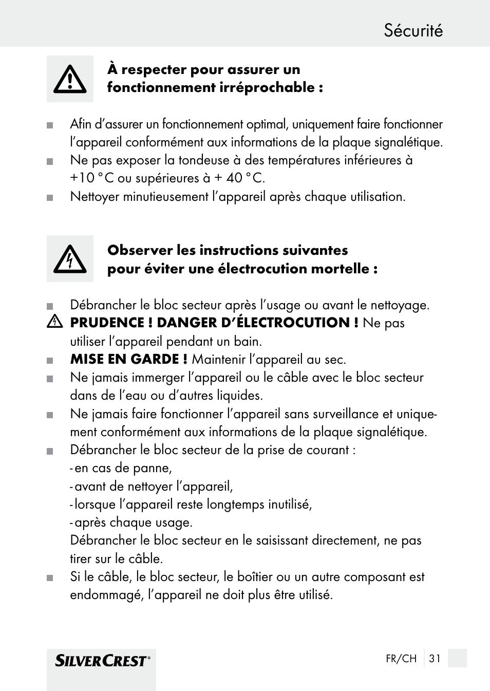 Sécurité | Silvercrest SHBS 1000 A1 User Manual | Page 31 / 105