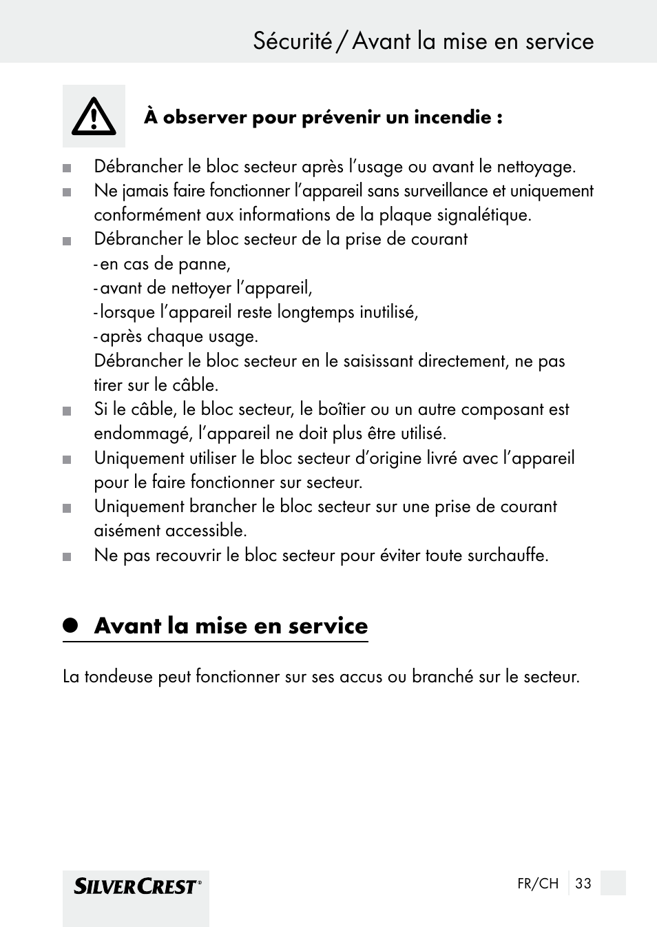 Sécurité / avant la mise en service, Sécurité, Avant la mise en service | Silvercrest SHBS 1000 A1 User Manual | Page 33 / 105
