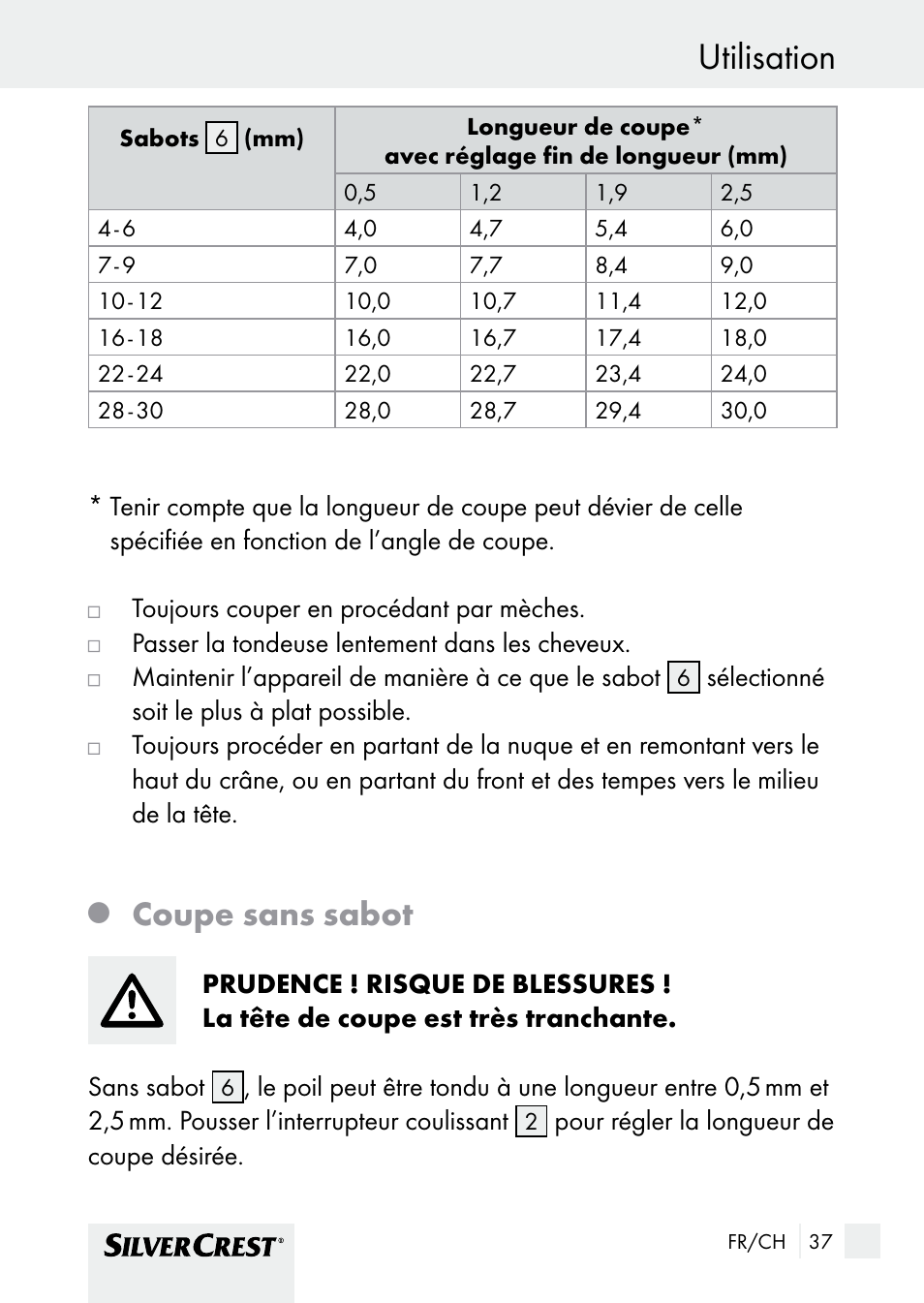 Utilisation, Coupe sans sabot | Silvercrest SHBS 1000 A1 User Manual | Page 37 / 105
