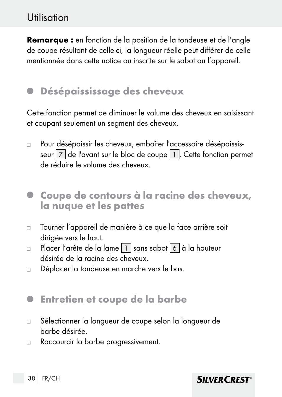 Nettoyage et entretien utilisation, Désépaississage des cheveux, Entretien et coupe de la barbe | Silvercrest SHBS 1000 A1 User Manual | Page 38 / 105