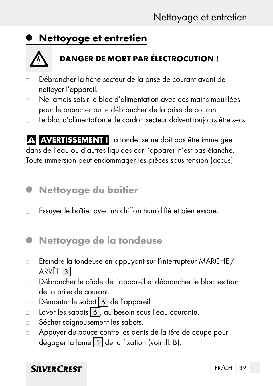 Nettoyage et entretien, Utilisation, Nettoyage du boîtier | Nettoyage de la tondeuse | Silvercrest SHBS 1000 A1 User Manual | Page 39 / 105