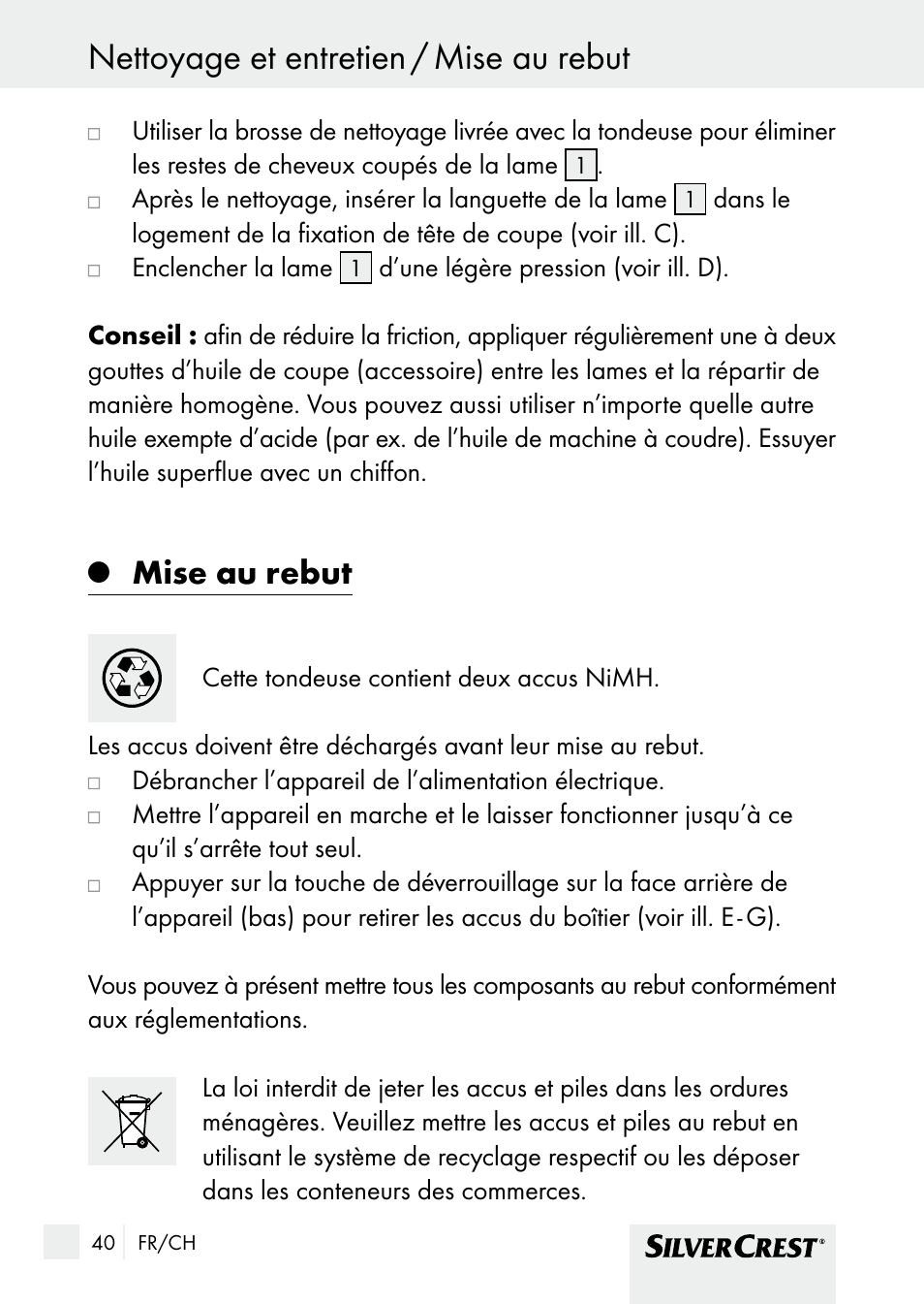 Mise au rebut | Silvercrest SHBS 1000 A1 User Manual | Page 40 / 105