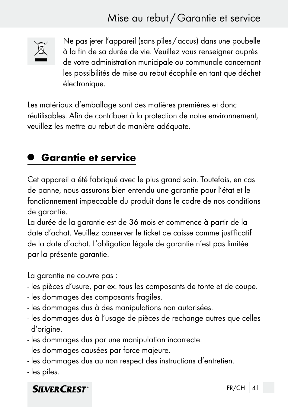 Mise au rebut / garantie et service, Nettoyage et entretien / mise au rebut, Garantie et service | Silvercrest SHBS 1000 A1 User Manual | Page 41 / 105