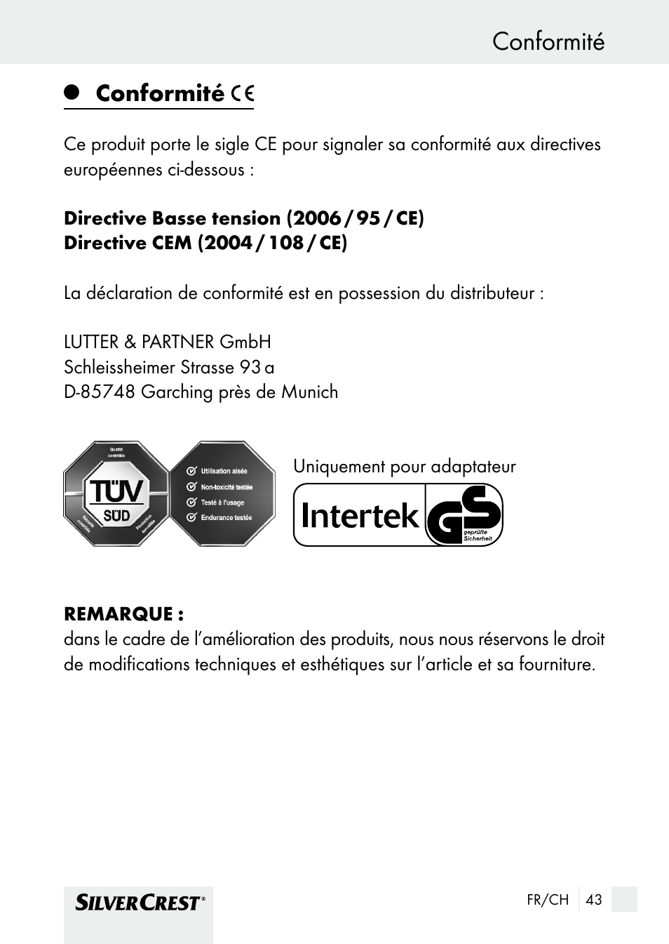 Conformité, Garantie et service | Silvercrest SHBS 1000 A1 User Manual | Page 43 / 105