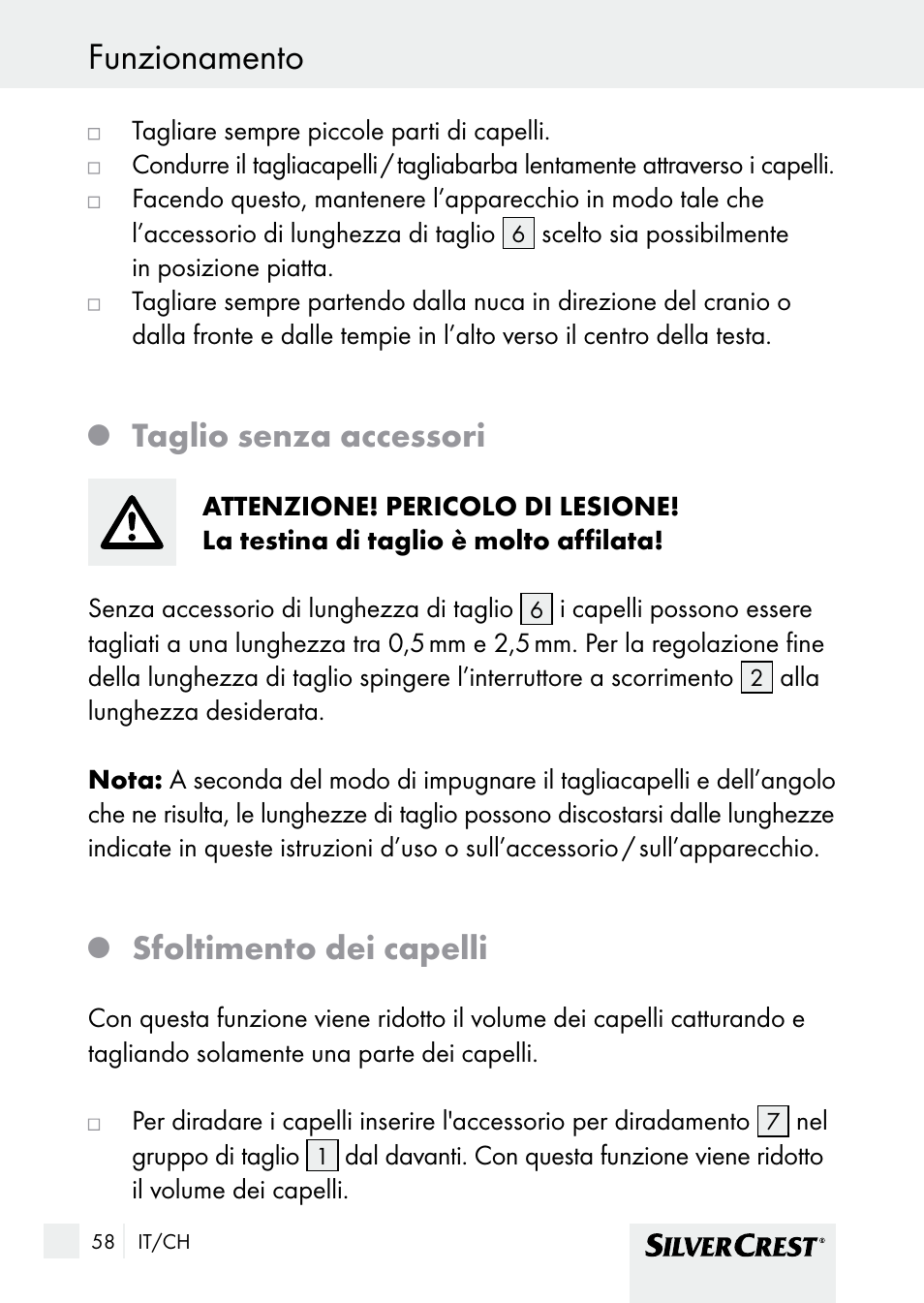 Funzionamento, Funzionamento / pulizia e manutenzione, Taglio senza accessori | Sfoltimento dei capelli | Silvercrest SHBS 1000 A1 User Manual | Page 58 / 105