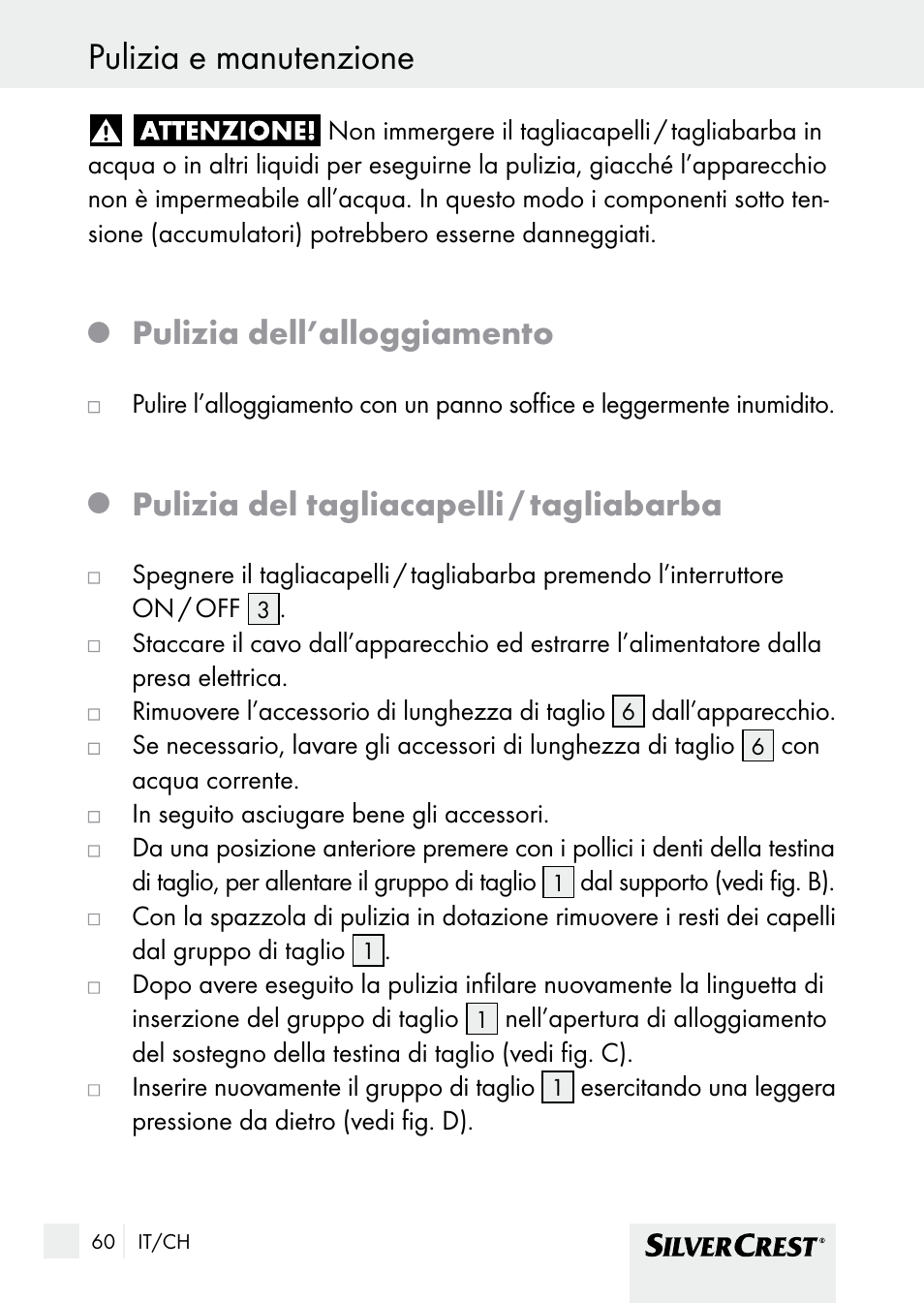 Pulizia e manutenzione, Pulizia e manutenzione / smaltimento, Pulizia dell’alloggiamento | Pulizia del tagliacapelli / tagliabarba | Silvercrest SHBS 1000 A1 User Manual | Page 60 / 105