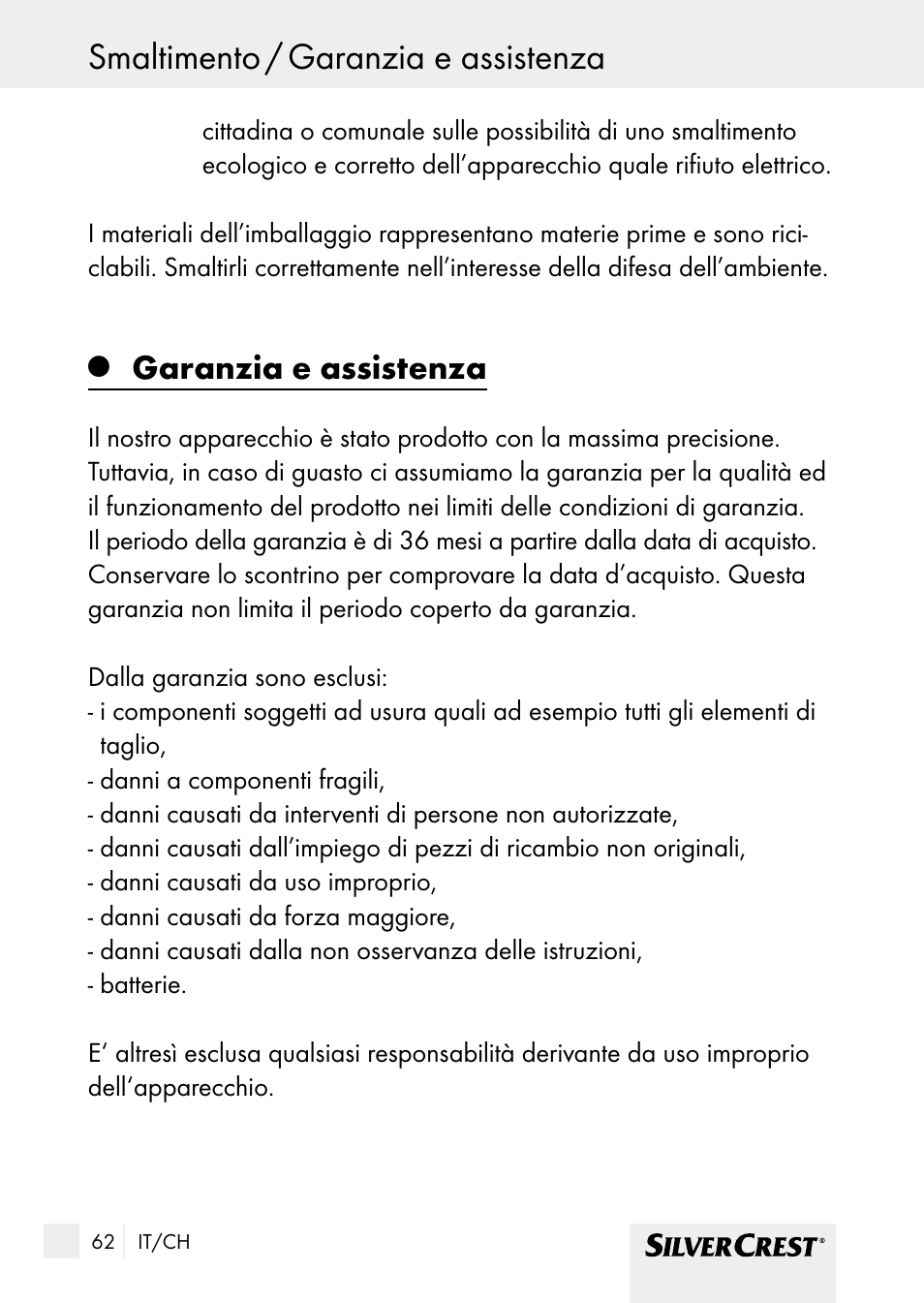 Smaltimento / garanzia e assistenza, Garanzia e assistenza | Silvercrest SHBS 1000 A1 User Manual | Page 62 / 105