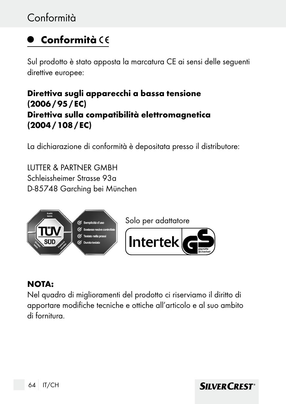 Conformità, Inhoudsopgave | Silvercrest SHBS 1000 A1 User Manual | Page 64 / 105