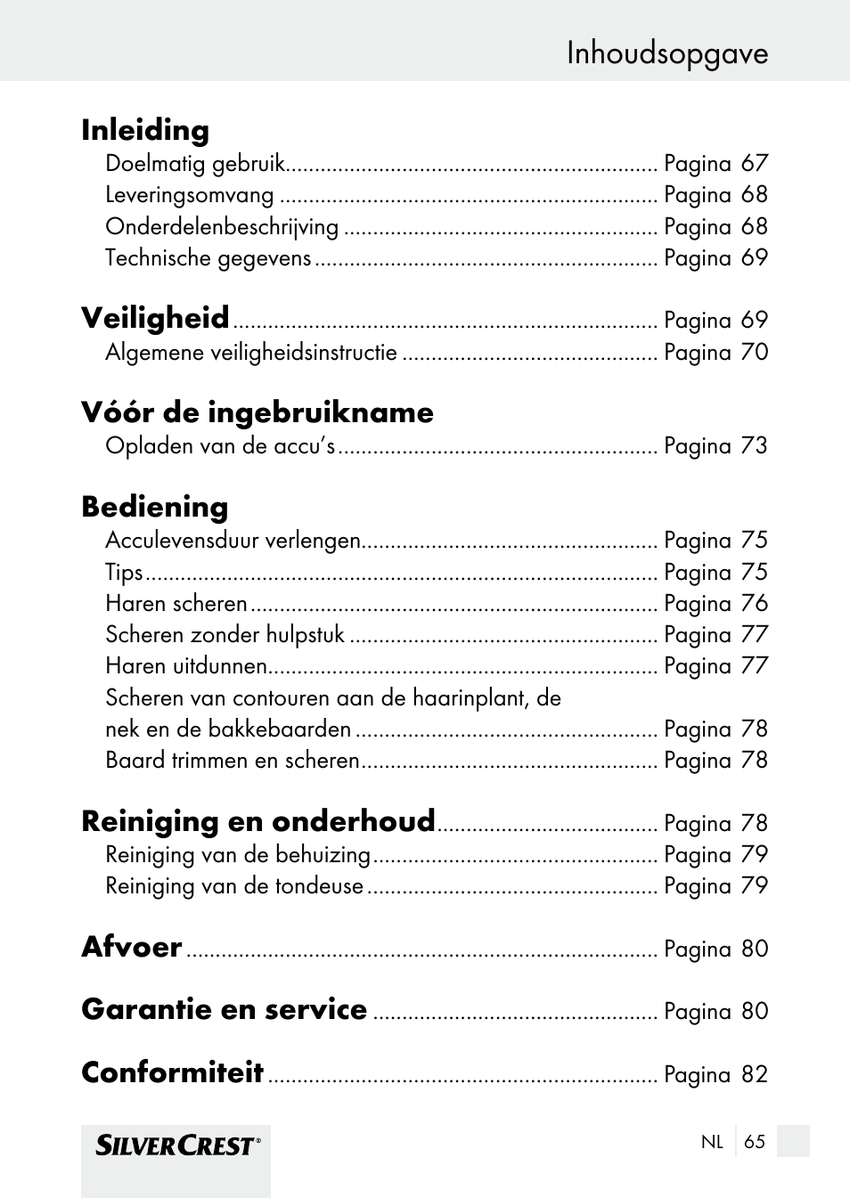 Conformità inhoudsopgave, Inleiding, Veiligheid | Vóór de ingebruikname, Bediening, Reiniging en onderhoud, Afvoer, Garantie en service, Conformiteit | Silvercrest SHBS 1000 A1 User Manual | Page 65 / 105