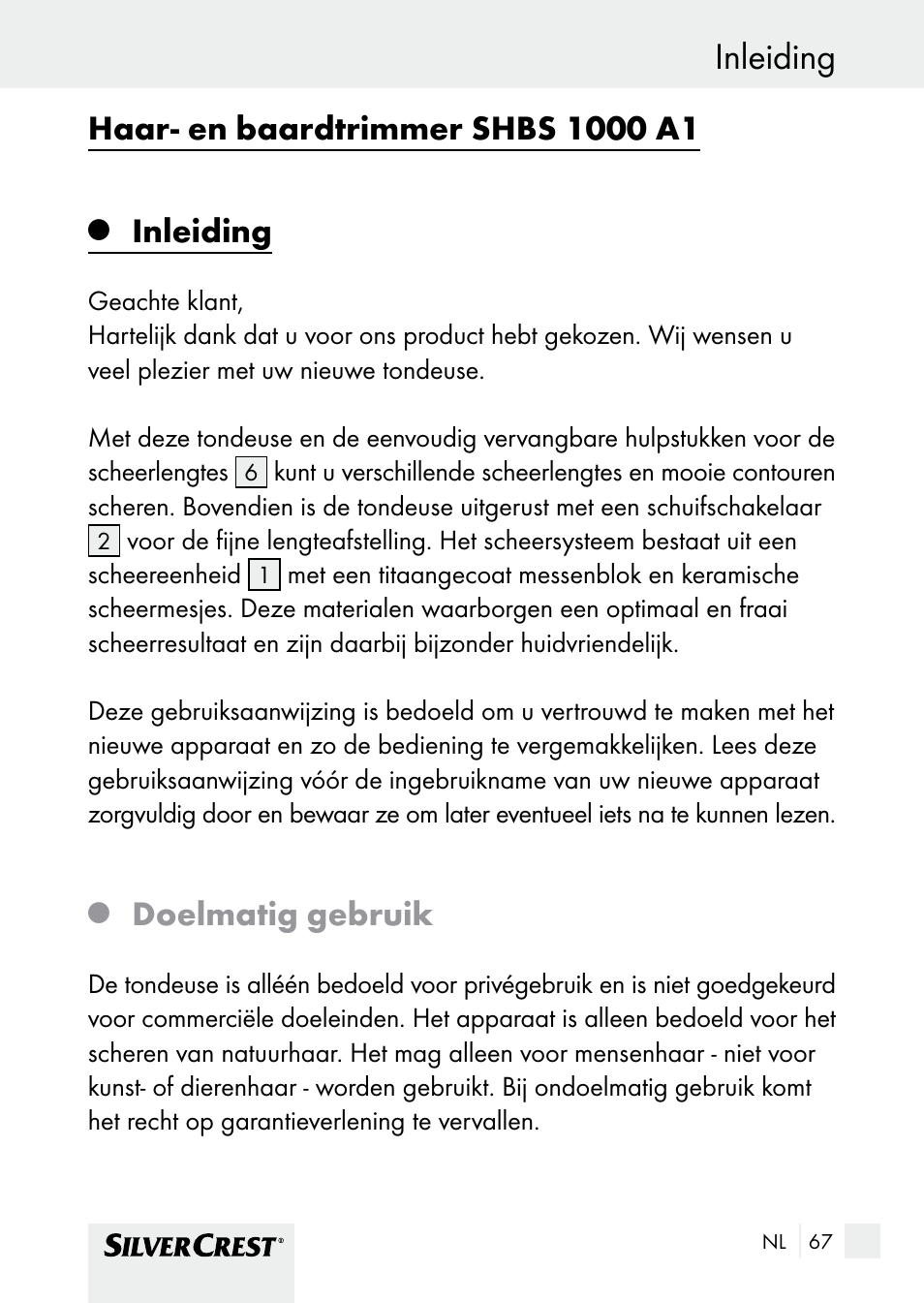 Inleiding, Doelmatig gebruik | Silvercrest SHBS 1000 A1 User Manual | Page 67 / 105