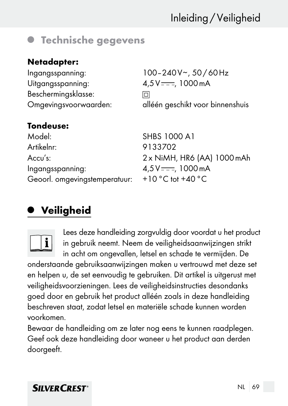 Inleiding / veiligheid, Inleiding, Technische gegevens | Veiligheid | Silvercrest SHBS 1000 A1 User Manual | Page 69 / 105
