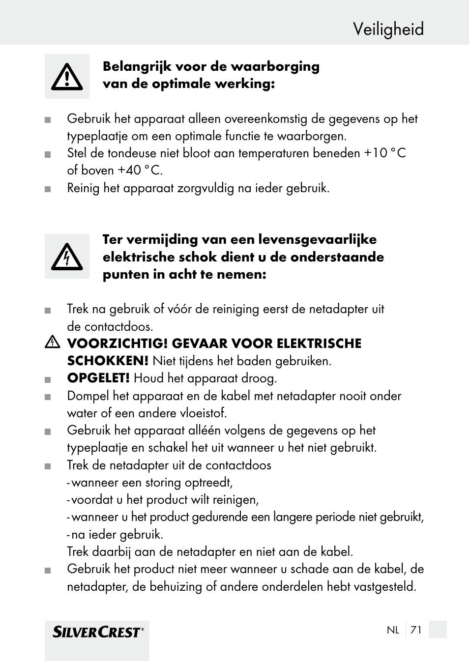 Veiligheid | Silvercrest SHBS 1000 A1 User Manual | Page 71 / 105