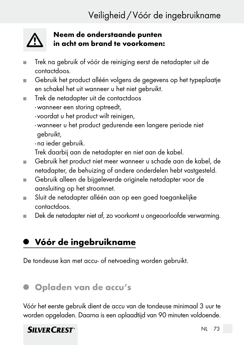 Veiligheid / vóór de ingebruikname, Veiligheid, Vóór de ingebruikname | Opladen van de accu’s | Silvercrest SHBS 1000 A1 User Manual | Page 73 / 105