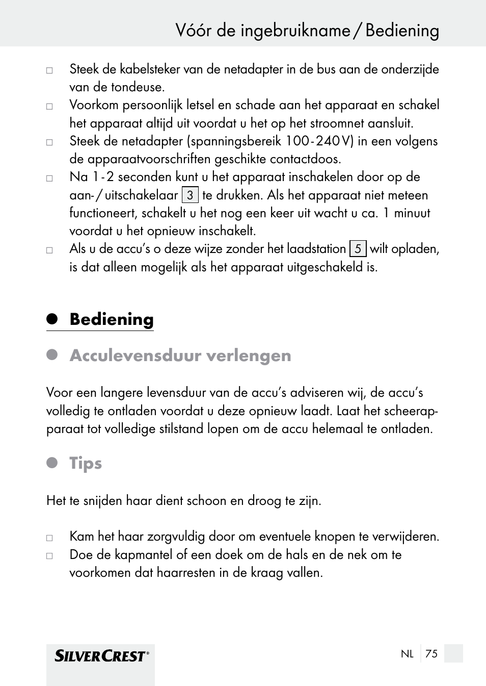 Vóór de ingebruikname / bediening, Vóór de ingebruikname, Bediening | Acculevensduur verlengen, Tips | Silvercrest SHBS 1000 A1 User Manual | Page 75 / 105