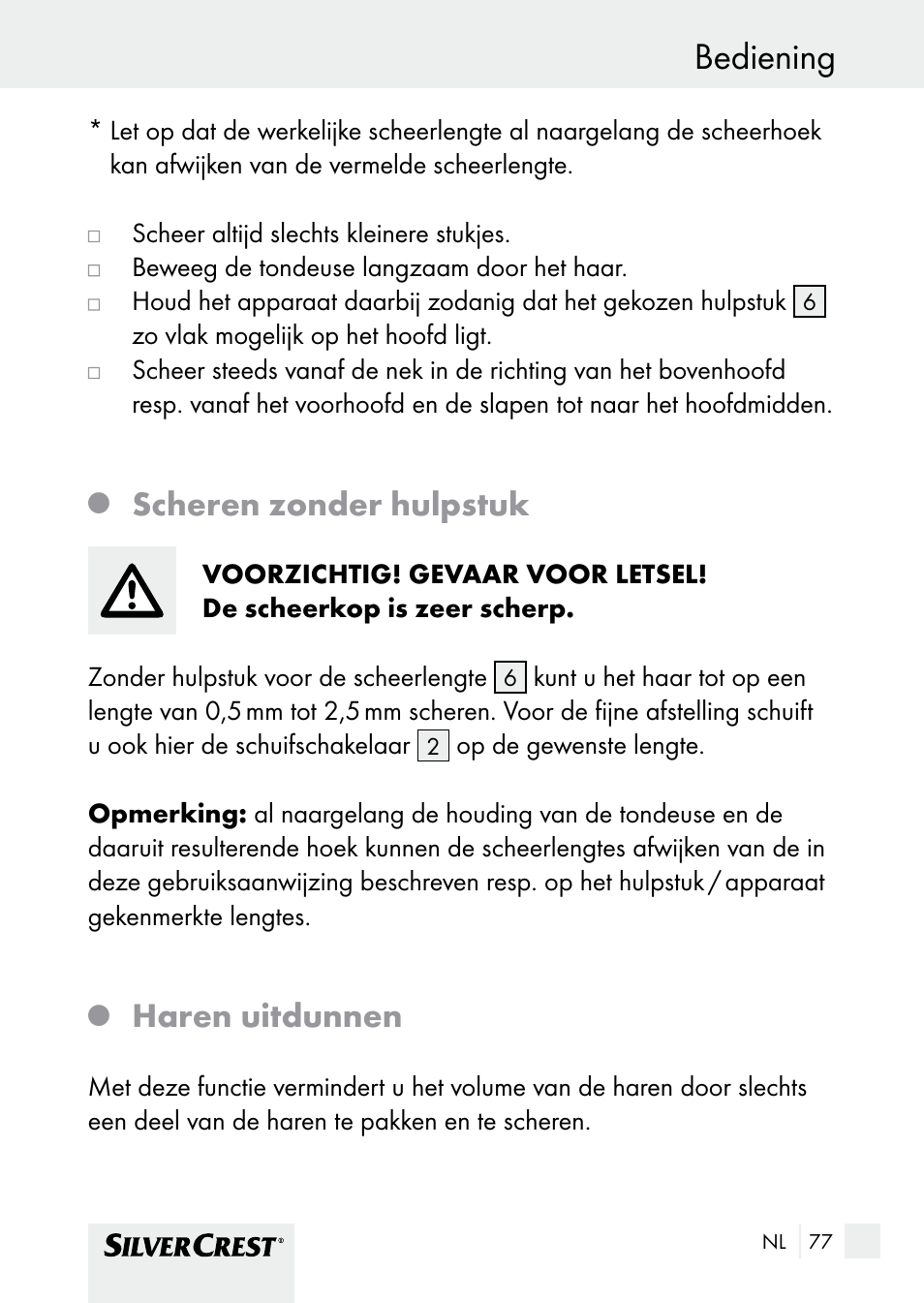 Bediening, Scheren zonder hulpstuk, Haren uitdunnen | Silvercrest SHBS 1000 A1 User Manual | Page 77 / 105