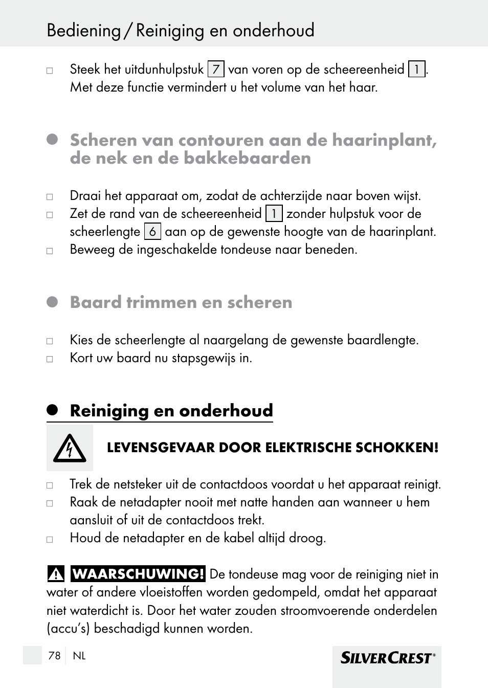 Baard trimmen en scheren, Reiniging en onderhoud | Silvercrest SHBS 1000 A1 User Manual | Page 78 / 105