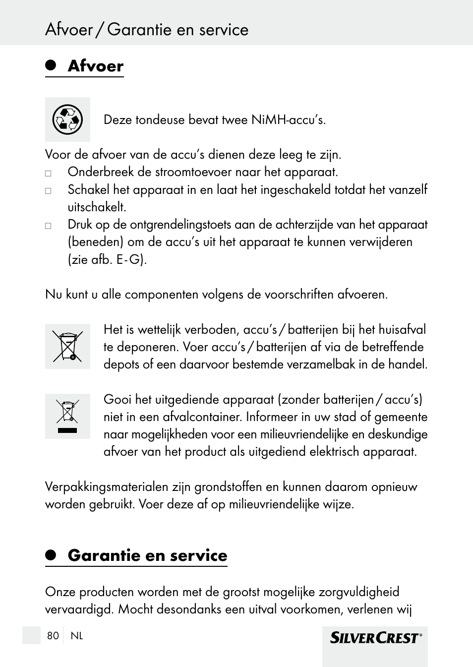 Garantie en service afvoer / garantie en service, Afvoer, Garantie en service | Silvercrest SHBS 1000 A1 User Manual | Page 80 / 105