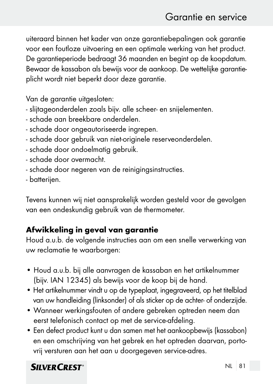 Garantie en service, Afvoer / garantie en service | Silvercrest SHBS 1000 A1 User Manual | Page 81 / 105