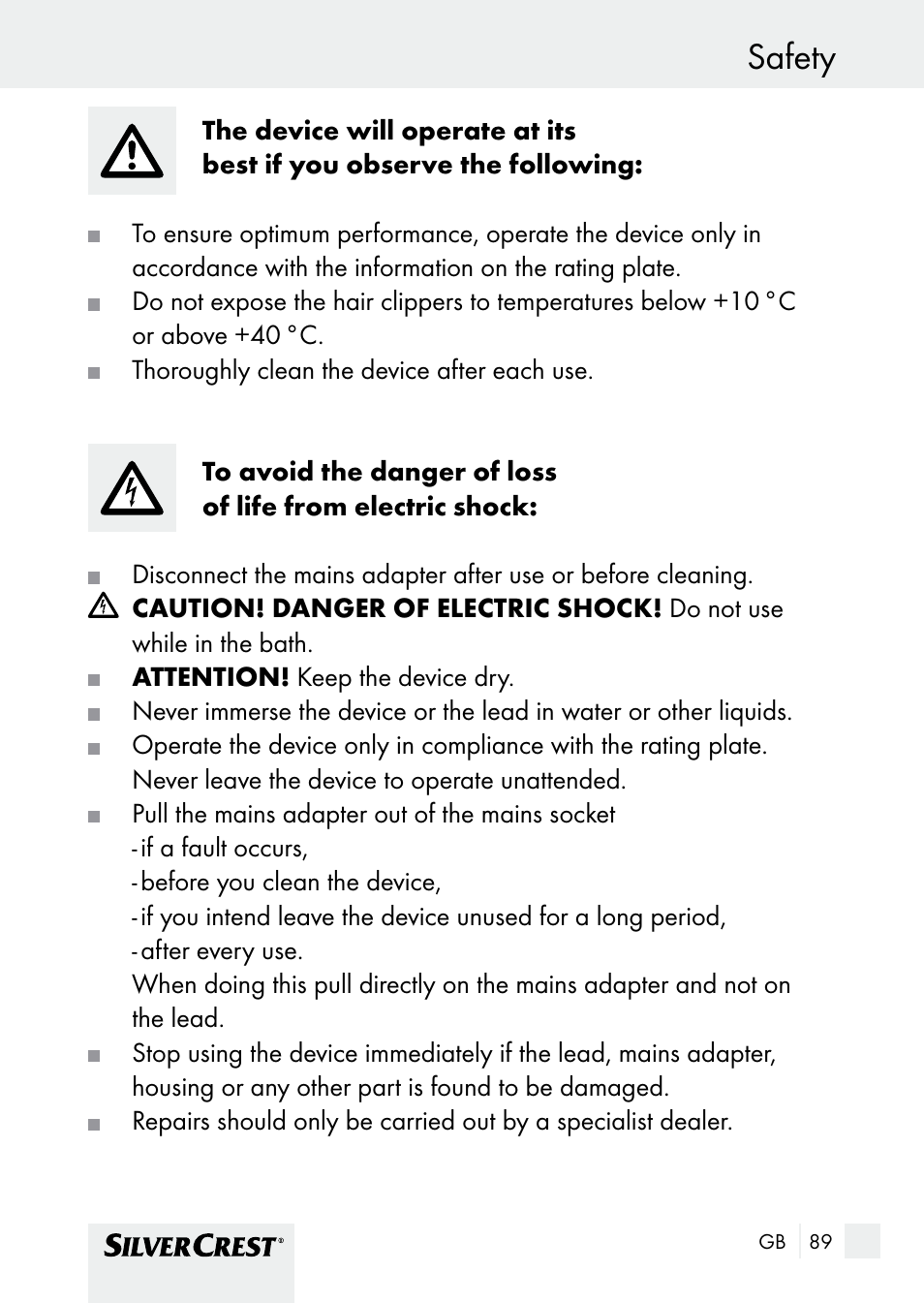 Safety | Silvercrest SHBS 1000 A1 User Manual | Page 89 / 105