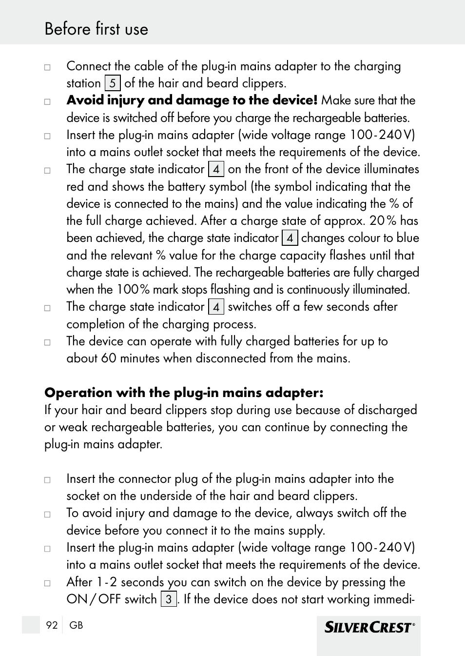 Before first use / use before first use | Silvercrest SHBS 1000 A1 User Manual | Page 92 / 105