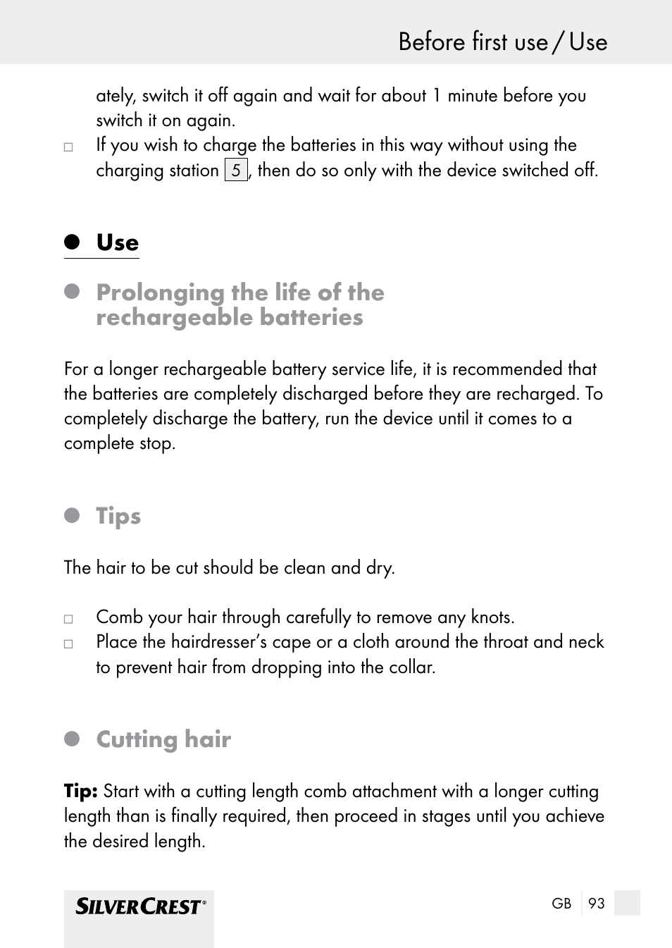 Before first use / use before first use, Prolonging the life of the rechargeable batteries, Tips | Cutting hair | Silvercrest SHBS 1000 A1 User Manual | Page 93 / 105