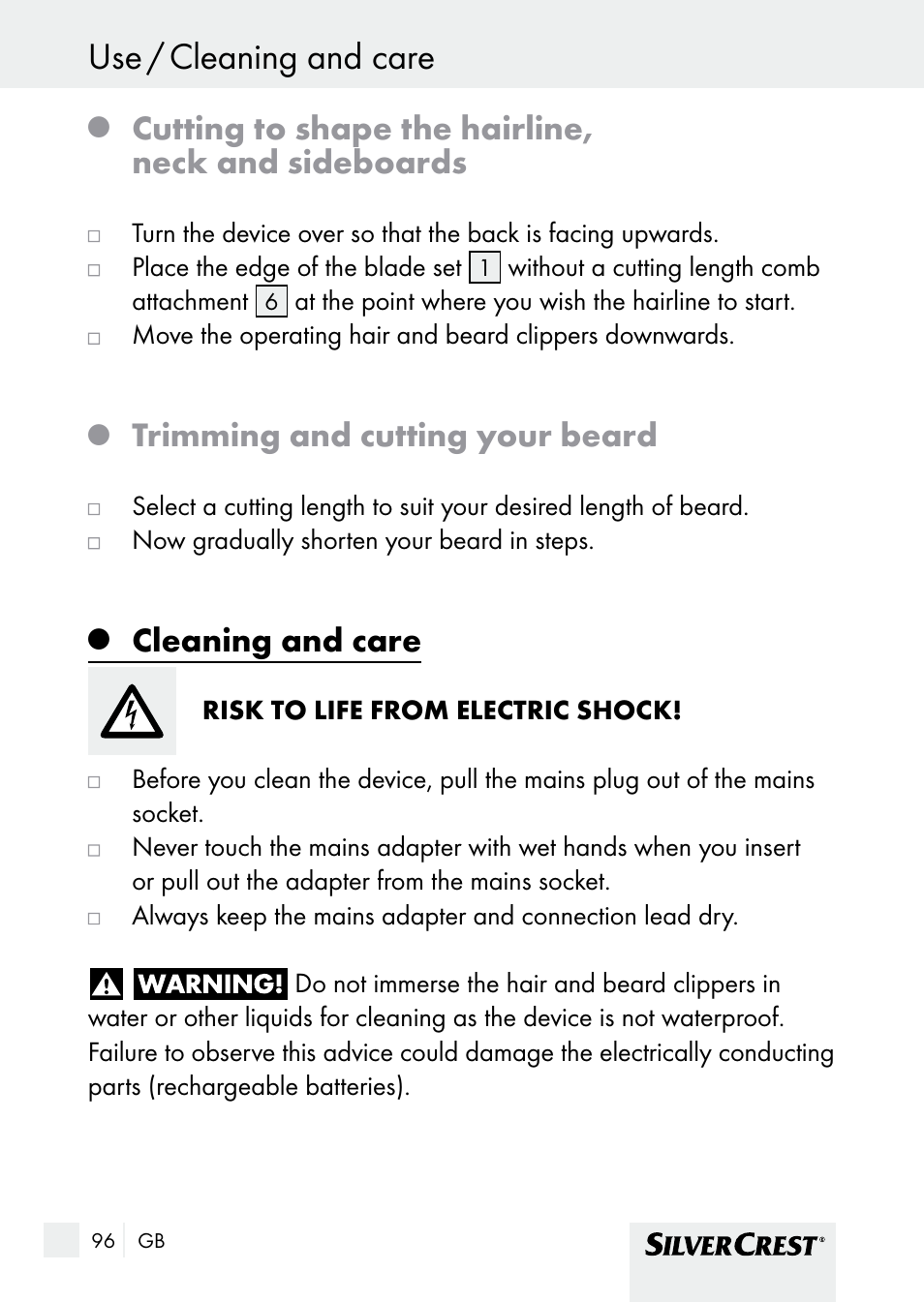 Cleaning and care use / cleaning and care, Cutting to shape the hairline, neck and sideboards, Trimming and cutting your beard | Cleaning and care | Silvercrest SHBS 1000 A1 User Manual | Page 96 / 105