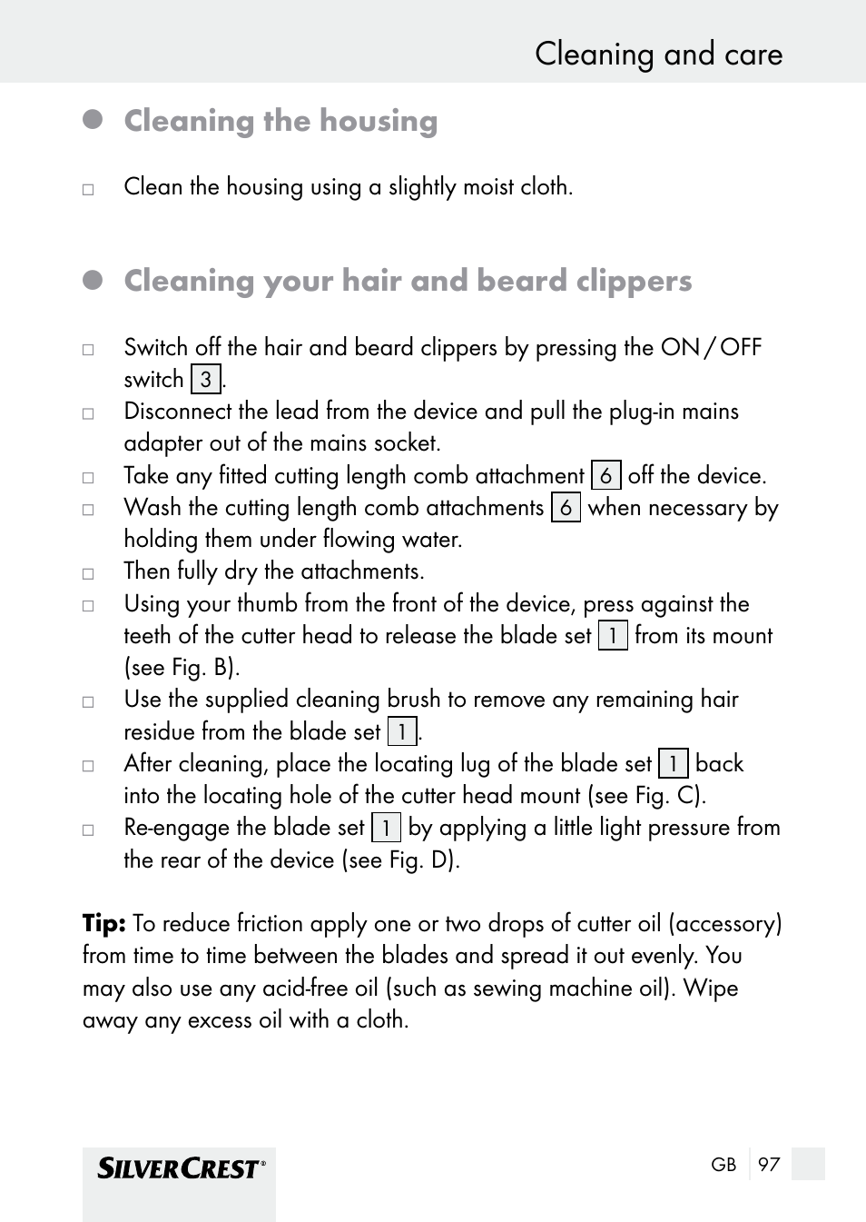 Cleaning and care use / cleaning and care, Cleaning the housing, Cleaning your hair and beard clippers | Silvercrest SHBS 1000 A1 User Manual | Page 97 / 105