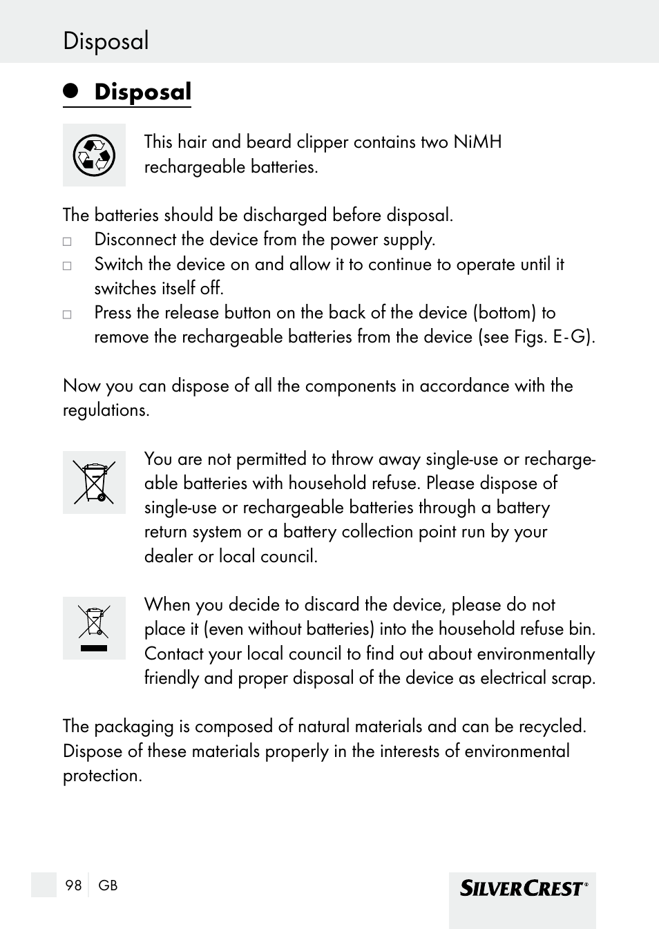Warranty and service disposal, Disposal | Silvercrest SHBS 1000 A1 User Manual | Page 98 / 105