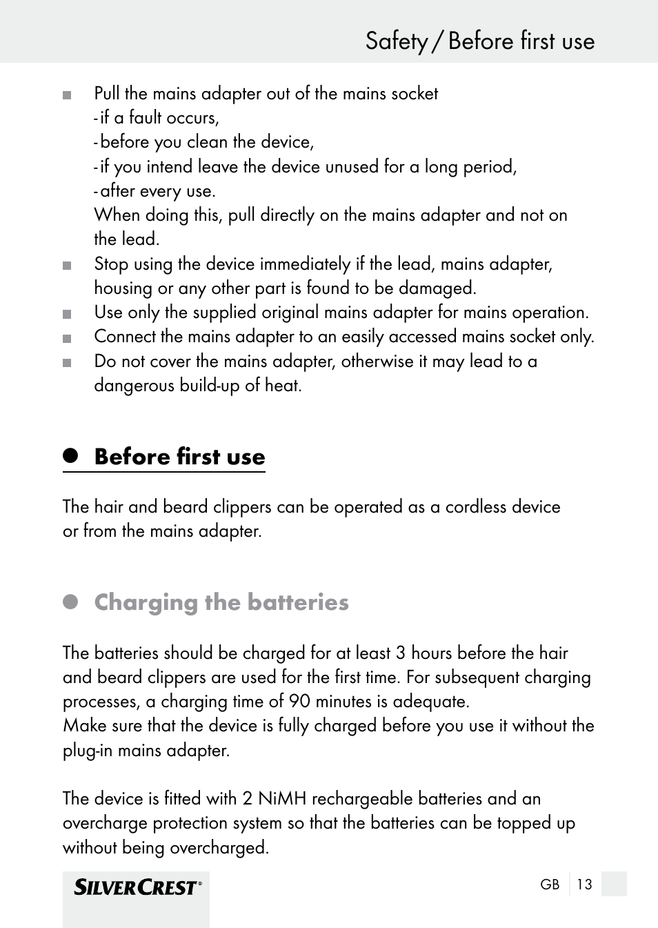 Safety / before first use safety, Before first use, Charging the batteries | Silvercrest SHBS 1000 A1 User Manual | Page 13 / 125